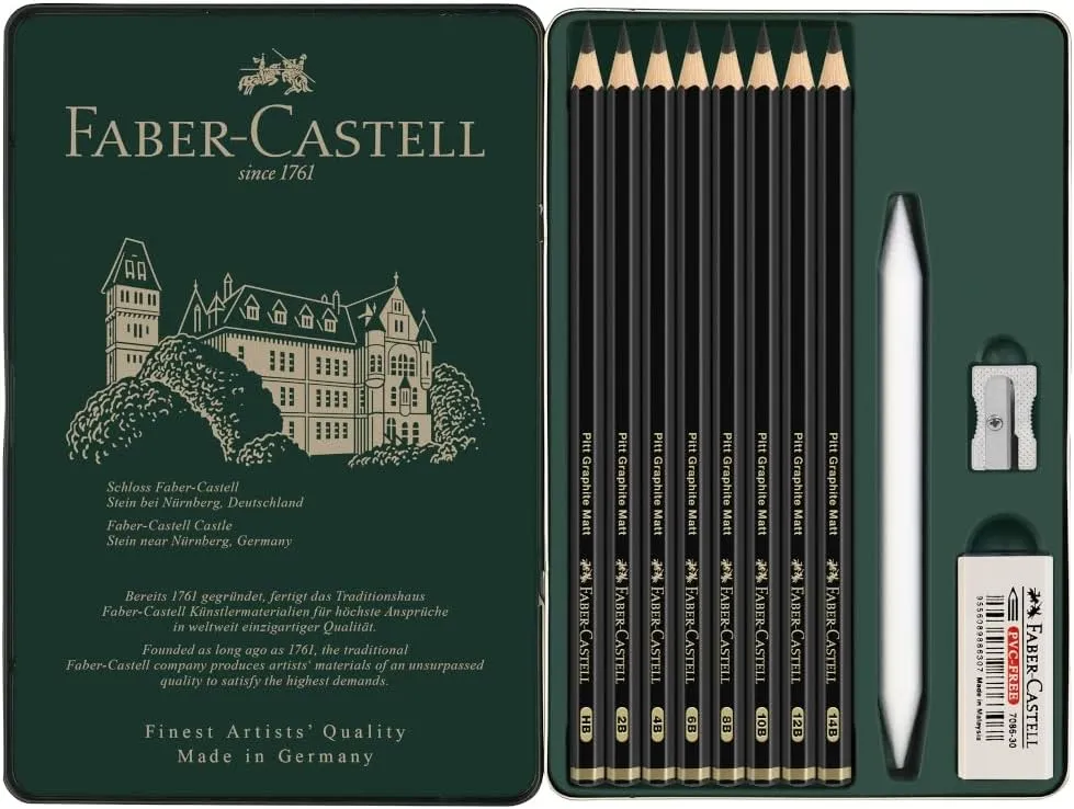 Faber-Castell Pitt Graphite Matte Pencil Set, Metal Tin of 8 Graphite Pencils and Sketching Accessories (HB, 2B, 4B, 6B, 8B, 10B, 12B, 14B), Pencil Sharpener, Eraser and Blending Stump