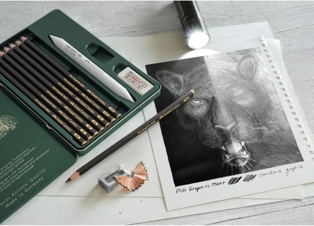 Faber-Castell Pitt Graphite Matte Pencil Set, Metal Tin of 8 Graphite Pencils and Sketching Accessories (HB, 2B, 4B, 6B, 8B, 10B, 12B, 14B), Pencil Sharpener, Eraser and Blending Stump