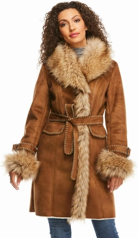 Fabulous-Furs Donna Salyers Tobacco Faux Fur Fox Collar Faux Suede Dakota Coat, Tobacco, 3X-Large