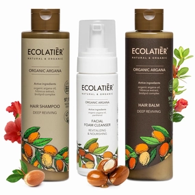 Facial Foam Cleanser, Hair Shampoo, and Hair Balm with Organic Argana - Revitalizing & Nourishing Skincare and Haircare Bundle for Deep Hydration & Shine