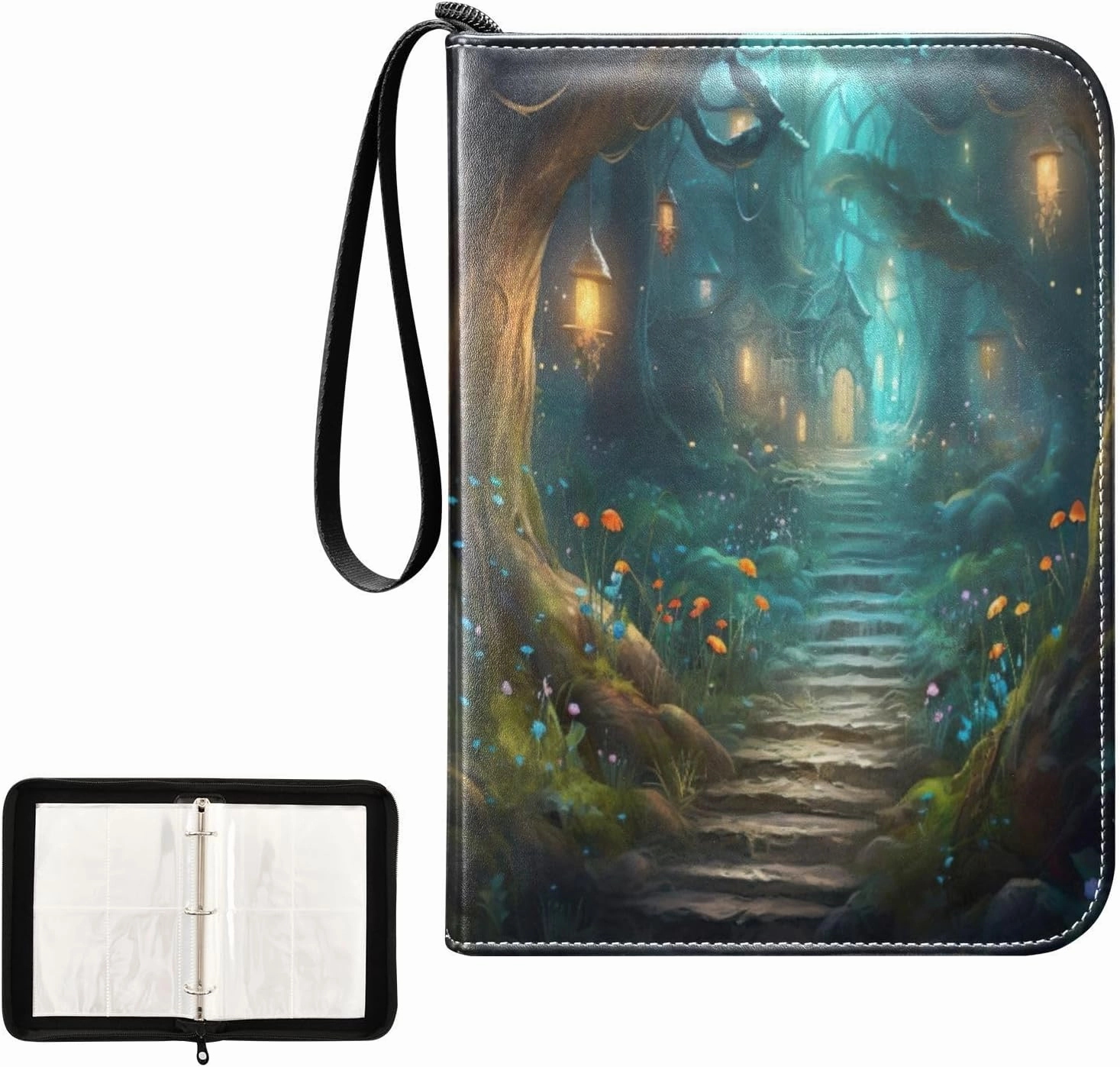 Fairy Fantasy Forest Card Binder 4-Pocket, 400 Pockets PU Waterproof Zippered Collector Card Album with 50 Removable Sleeves for Trading, Game Cards