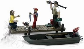 Family Fishing (3 Figures, Dog & Boat) O Scale Woodland Scenics