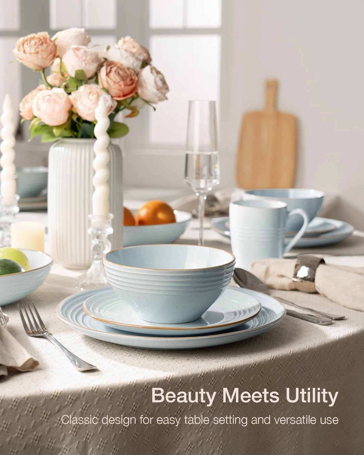 Famiware Jupiter Dinnerware Set, Plates and Bowls Dish Sets for 4 (12 Pieces), Microwave and Dishwasher Safe Stoneware Tableware, Chip and Scratch Resistant, Light Blue