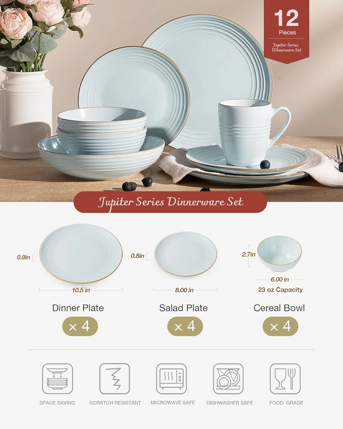Famiware Jupiter Dinnerware Set, Plates and Bowls Dish Sets for 4 (12 Pieces), Microwave and Dishwasher Safe Stoneware Tableware, Chip and Scratch Resistant, Light Blue