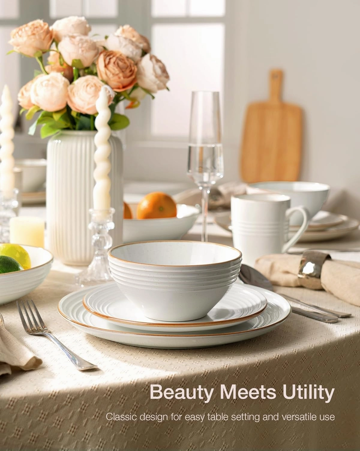 Famiware Jupiter Dinnerware Set, Plates and Bowls Dish Sets for 6 (18 Pieces), Microwave and Dishwasher Safe Stoneware Tableware, Chip and Scratch Resistant, White
