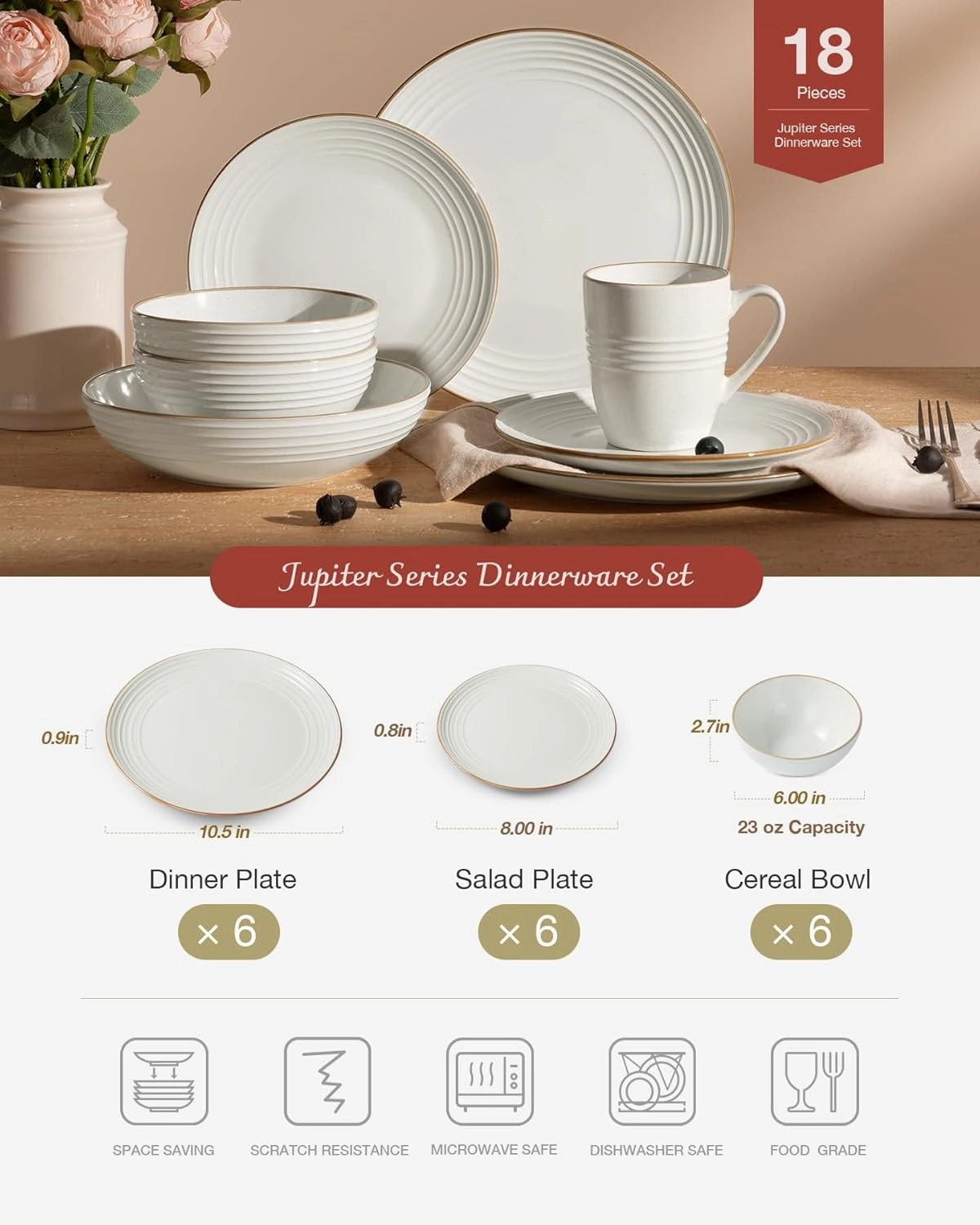 Famiware Jupiter Dinnerware Set, Plates and Bowls Dish Sets for 6 (18 Pieces), Microwave and Dishwasher Safe Stoneware Tableware, Chip and Scratch Resistant, White