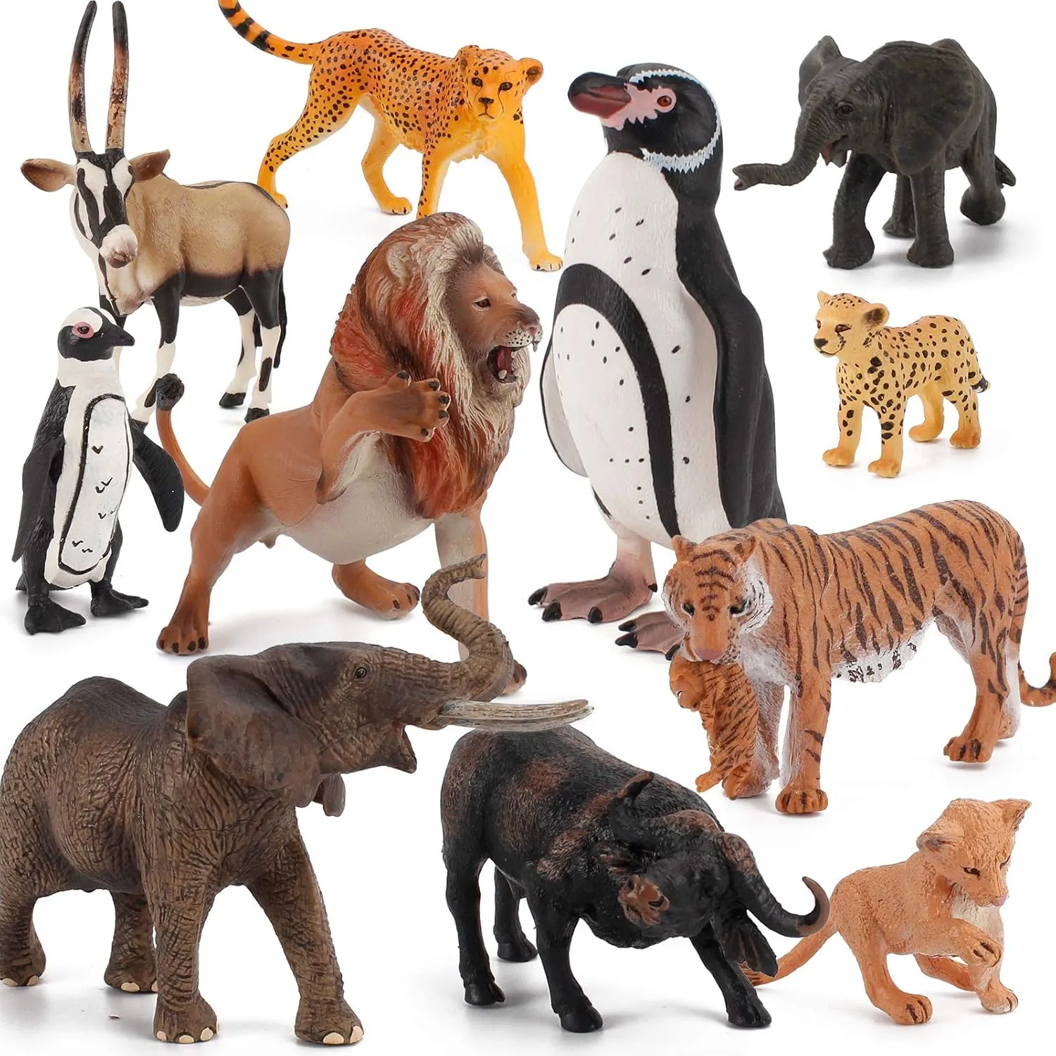 Fantarea 11 PCS Africa Wild Animal Model Figures Elephant Penguin Lion Antelope Cheetah Figurines Party Favors Supplies Cake Toppers Decoration Set Toys for 5 6 7 8 Years Old Boys Girls Kid