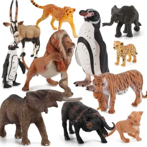 Fantarea 11 PCS Africa Wild Animal Model Figures Elephant Penguin Lion Antelope Cheetah Figurines Party Favors Supplies Cake Toppers Decoration Set Toys for 5 6 7 8 Years Old Boys Girls Kid