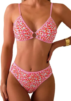Fanuerg Women's Triangle Bikini Sets O Ring Linked Two Piece Swimsuits Floral Printed Cheeky Bathing Suit