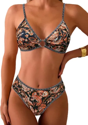 Fanuerg Women's Triangle Bikini Sets O Ring Linked Two Piece Swimsuits Floral Printed Cheeky Bathing Suit