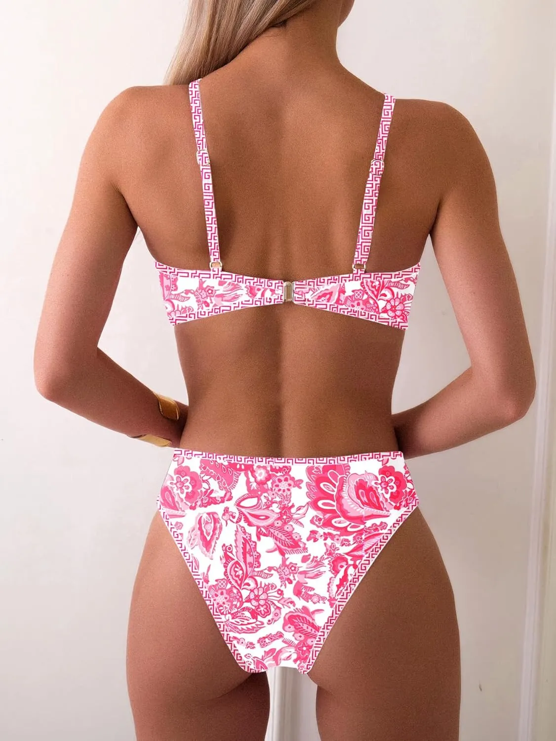 Fanuerg Women's Triangle Bikini Sets O Ring Linked Two Piece Swimsuits Floral Printed Cheeky Bathing Suit