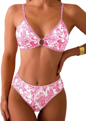 Fanuerg Women's Triangle Bikini Sets O Ring Linked Two Piece Swimsuits Floral Printed Cheeky Bathing Suit