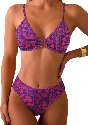 Fanuerg Women's Triangle Bikini Sets O Ring Linked Two Piece Swimsuits Floral Printed Cheeky Bathing Suit