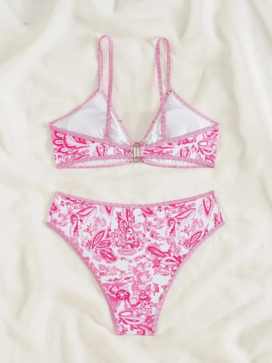 Fanuerg Women's Triangle Bikini Sets O Ring Linked Two Piece Swimsuits Floral Printed Cheeky Bathing Suit