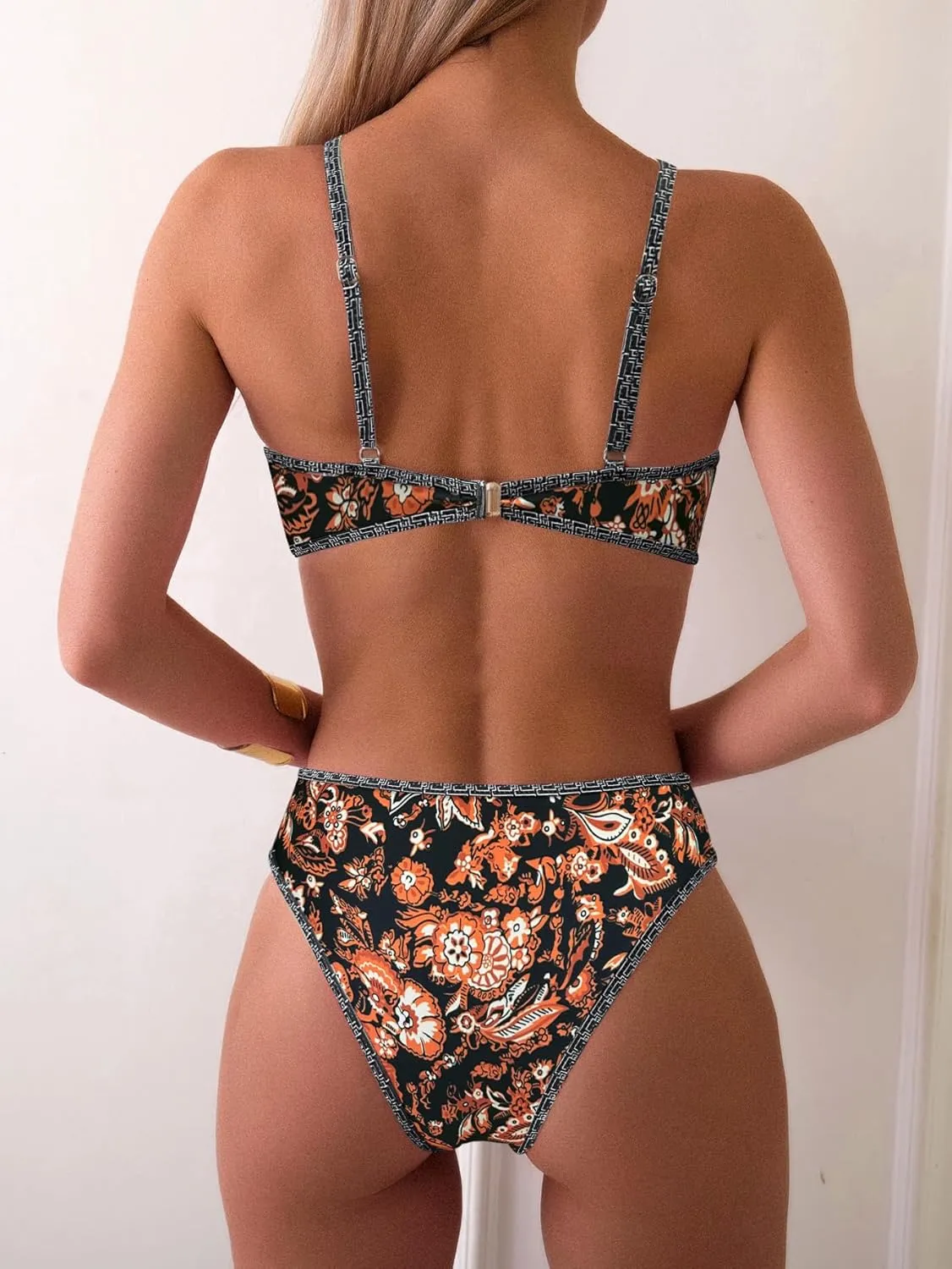 Fanuerg Women's Triangle Bikini Sets O Ring Linked Two Piece Swimsuits Floral Printed Cheeky Bathing Suit