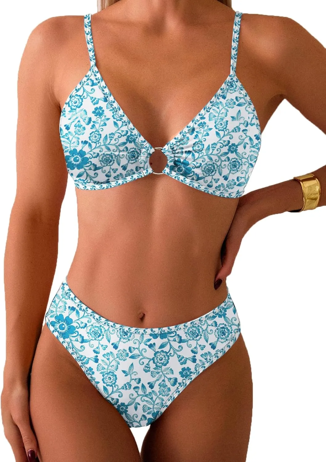 Fanuerg Women's Triangle Bikini Sets O Ring Linked Two Piece Swimsuits Floral Printed Cheeky Bathing Suit