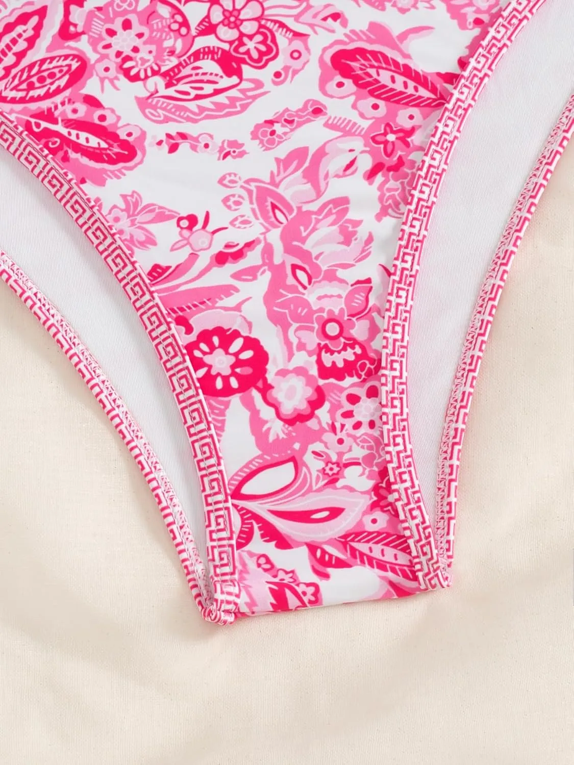 Fanuerg Women's Triangle Bikini Sets O Ring Linked Two Piece Swimsuits Floral Printed Cheeky Bathing Suit