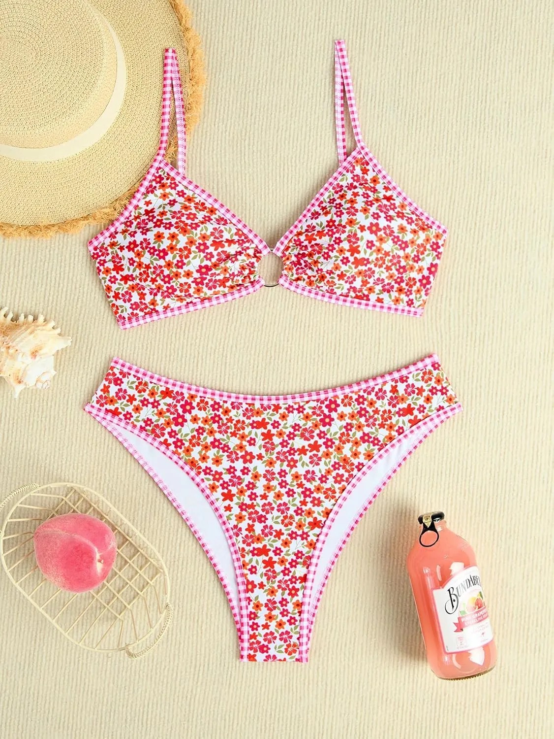 Fanuerg Women's Triangle Bikini Sets O Ring Linked Two Piece Swimsuits Floral Printed Cheeky Bathing Suit