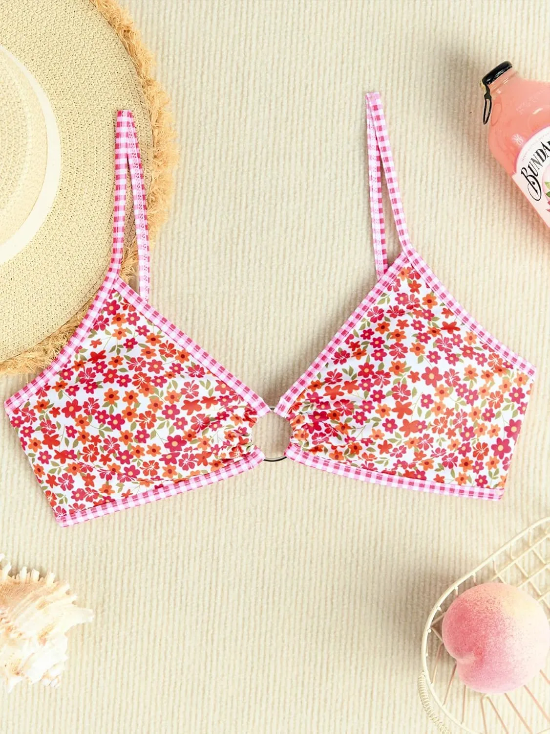 Fanuerg Women's Triangle Bikini Sets O Ring Linked Two Piece Swimsuits Floral Printed Cheeky Bathing Suit