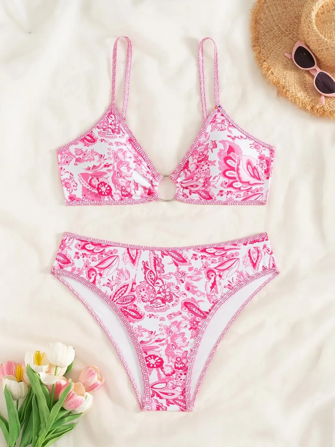 Fanuerg Women's Triangle Bikini Sets O Ring Linked Two Piece Swimsuits Floral Printed Cheeky Bathing Suit
