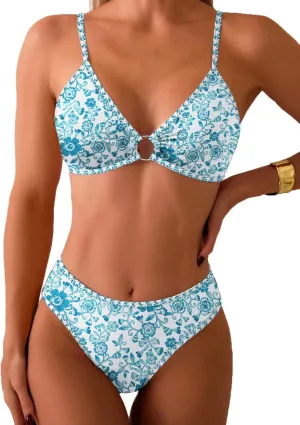 Fanuerg Women's Triangle Bikini Sets O Ring Linked Two Piece Swimsuits Floral Printed Cheeky Bathing Suit