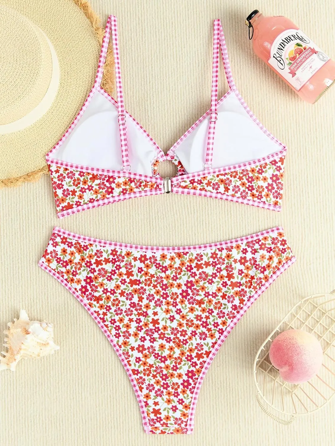 Fanuerg Women's Triangle Bikini Sets O Ring Linked Two Piece Swimsuits Floral Printed Cheeky Bathing Suit