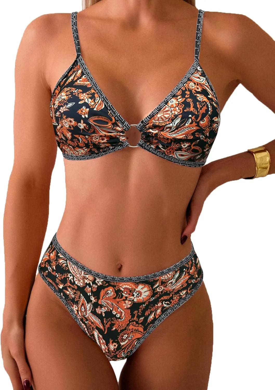 Fanuerg Women's Triangle Bikini Sets O Ring Linked Two Piece Swimsuits Floral Printed Cheeky Bathing Suit