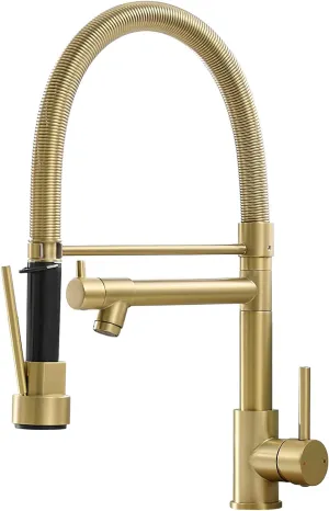 Fapully Commercial Pull Down Kitchen Faucets with Sprayer,Single Handle Spring Brushed Gold Kitchen Sink Faucet