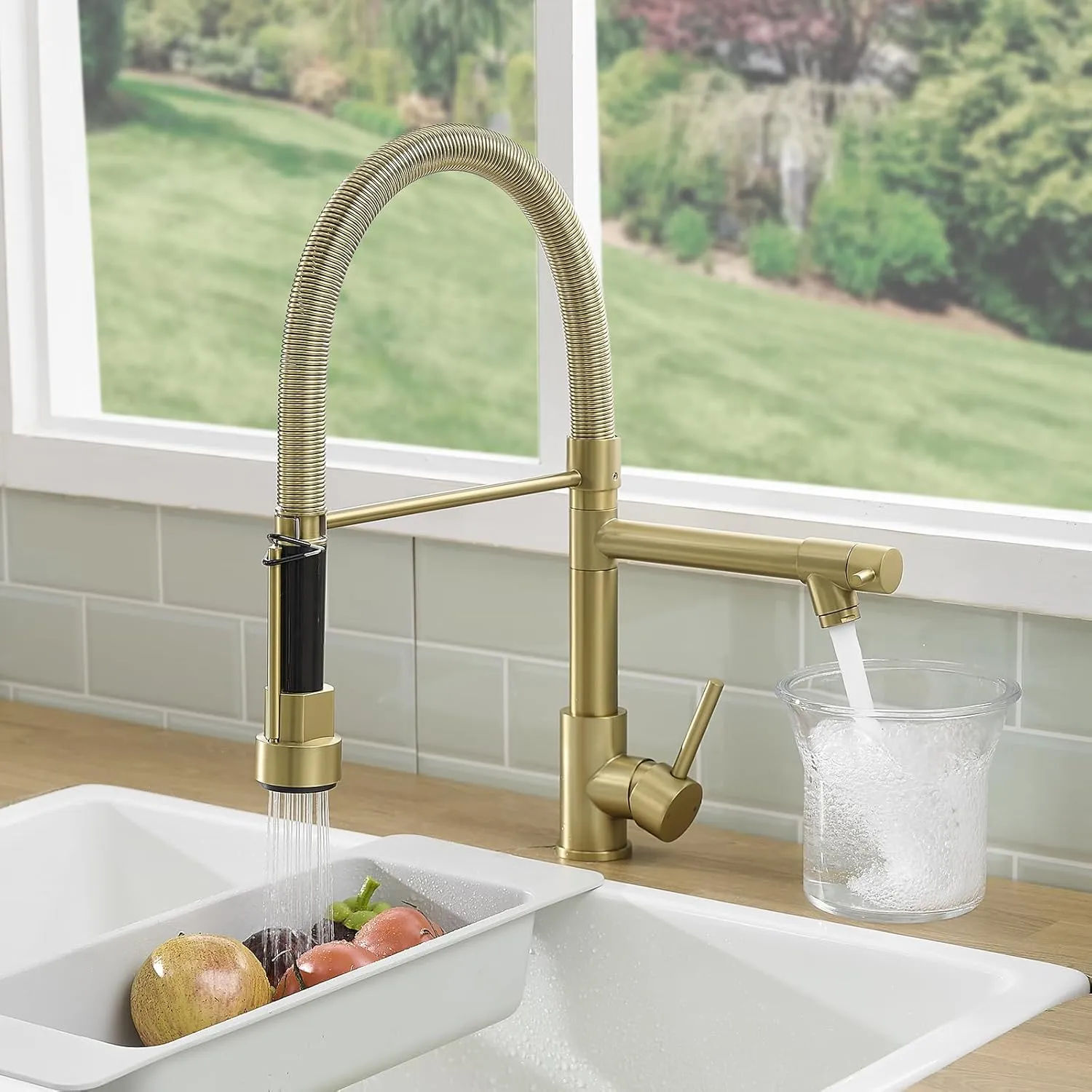 Fapully Commercial Pull Down Kitchen Faucets with Sprayer,Single Handle Spring Brushed Gold Kitchen Sink Faucet