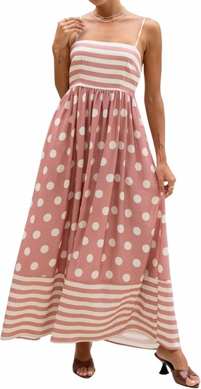 Faretumiya Women Spaghetti Strap Flowy Maxi Dress Sleeveless Stripe Print Smocked Boho Ruffle Vacation Long Beach Sundress