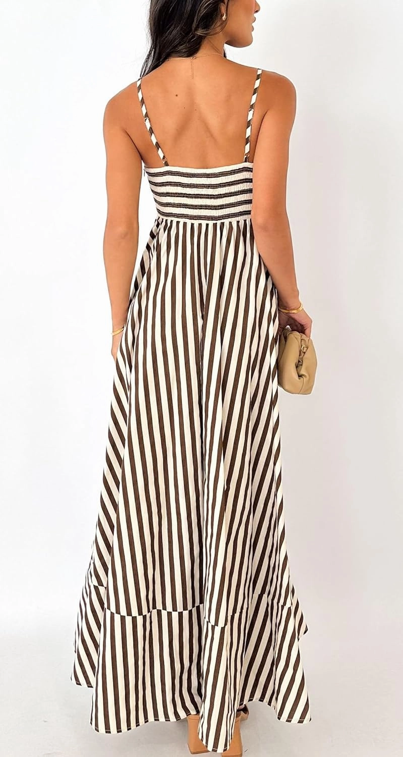 Faretumiya Women Spaghetti Strap Flowy Maxi Dress Sleeveless Stripe Print Smocked Boho Ruffle Vacation Long Beach Sundress