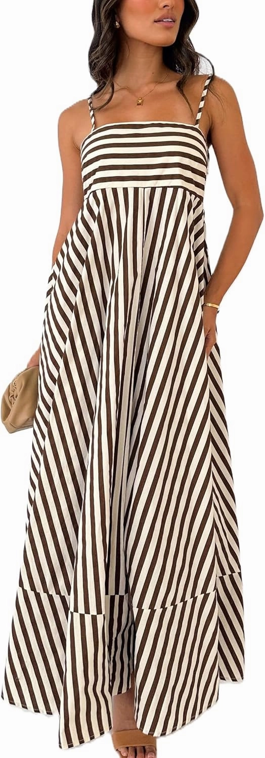 Faretumiya Women Spaghetti Strap Flowy Maxi Dress Sleeveless Stripe Print Smocked Boho Ruffle Vacation Long Beach Sundress