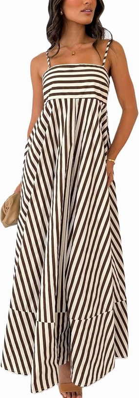 Faretumiya Women Spaghetti Strap Flowy Maxi Dress Sleeveless Stripe Print Smocked Boho Ruffle Vacation Long Beach Sundress
