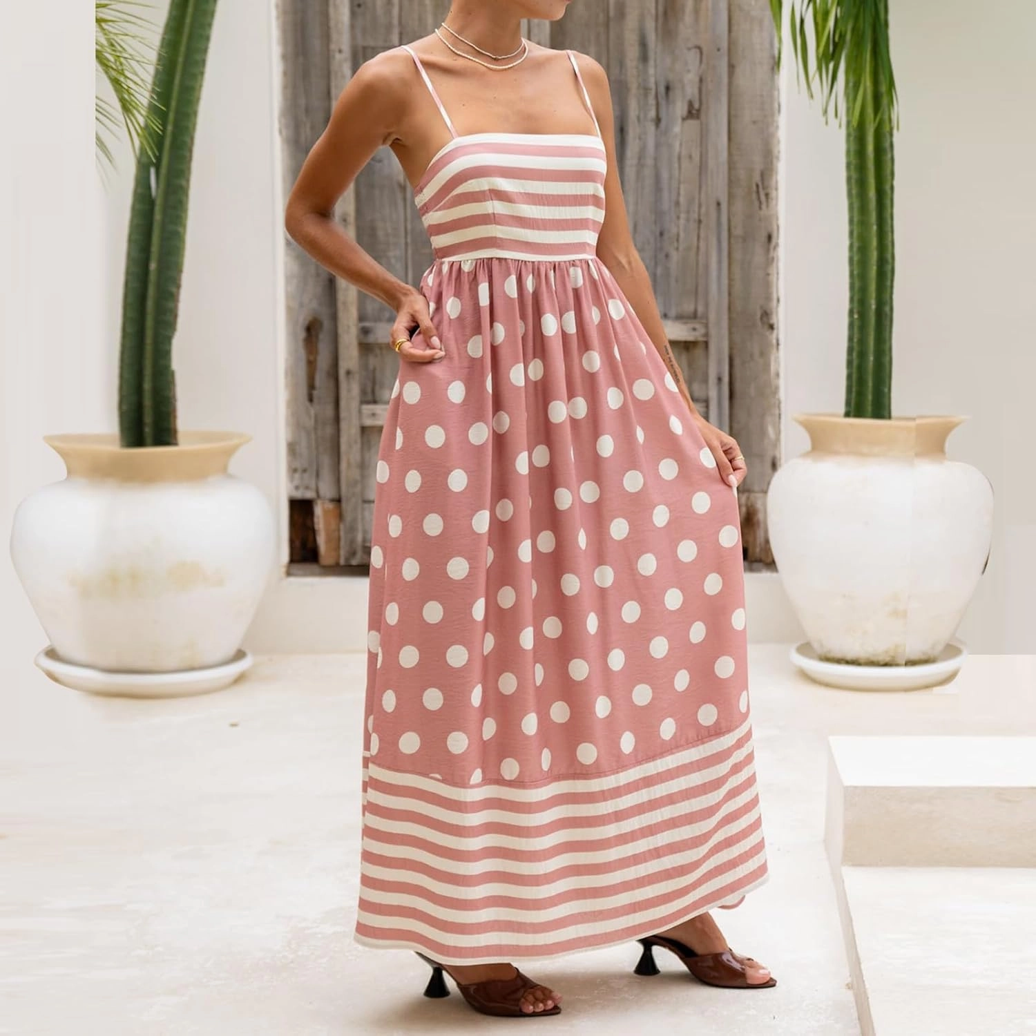 Faretumiya Women Spaghetti Strap Flowy Maxi Dress Sleeveless Stripe Print Smocked Boho Ruffle Vacation Long Beach Sundress