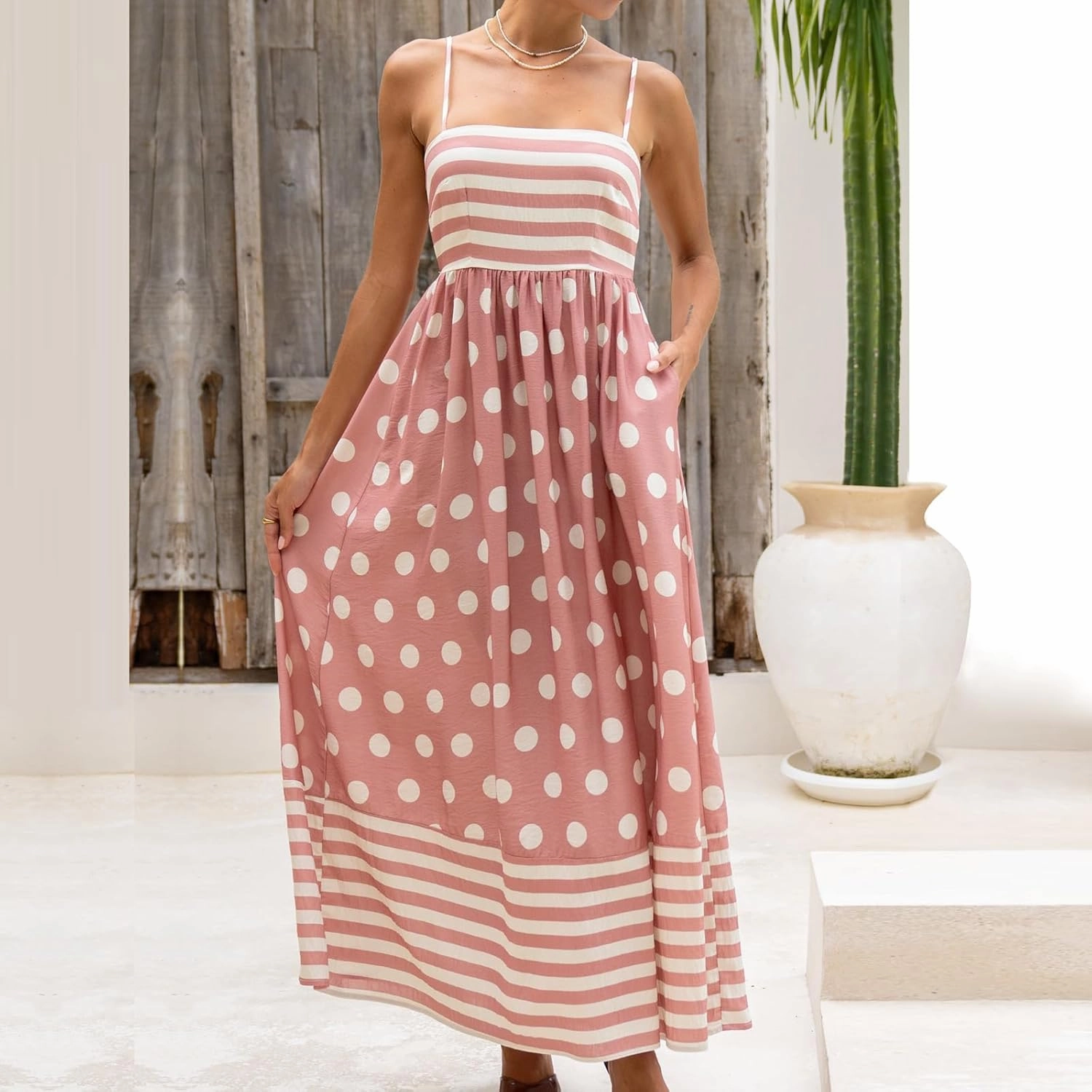 Faretumiya Women Spaghetti Strap Flowy Maxi Dress Sleeveless Stripe Print Smocked Boho Ruffle Vacation Long Beach Sundress