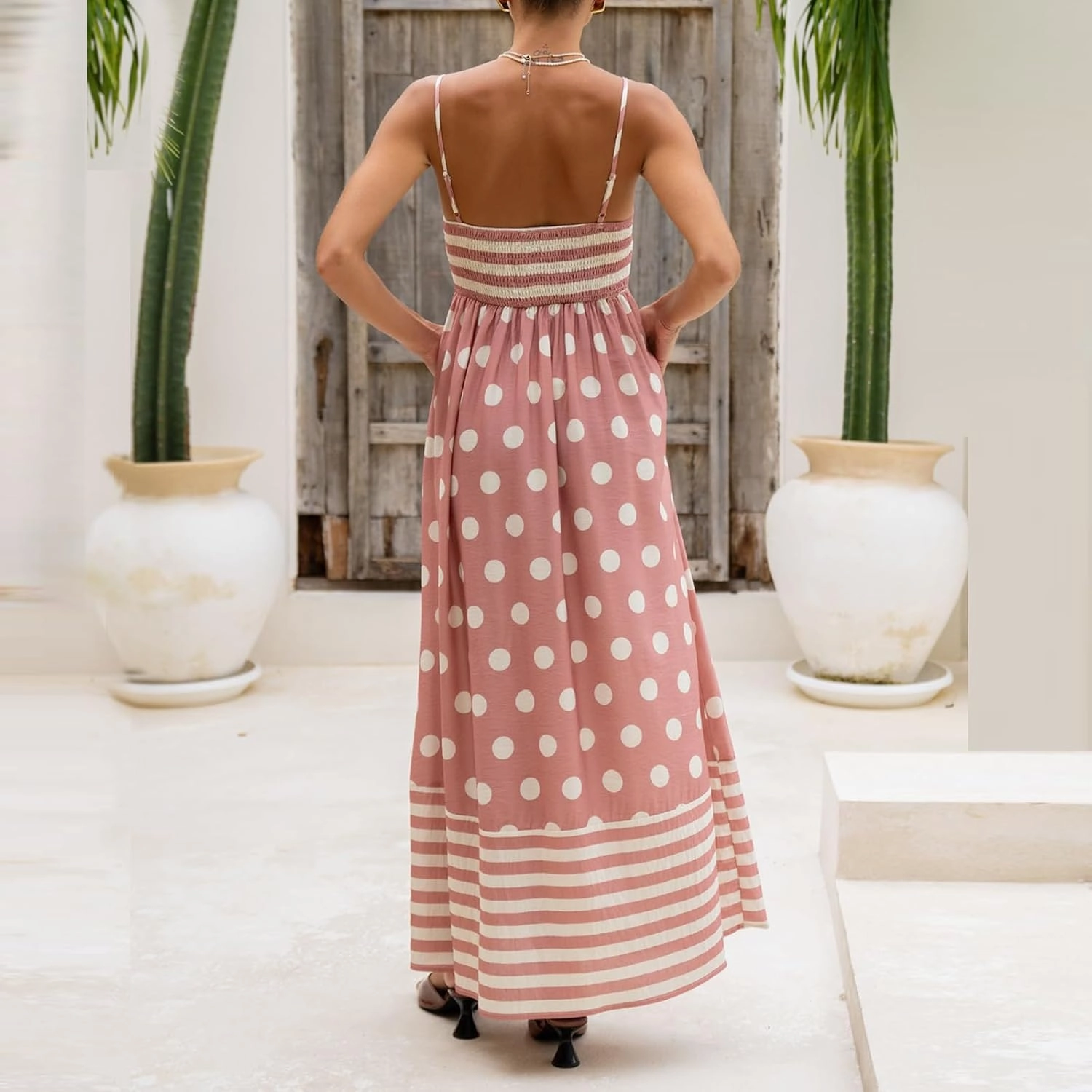Faretumiya Women Spaghetti Strap Flowy Maxi Dress Sleeveless Stripe Print Smocked Boho Ruffle Vacation Long Beach Sundress