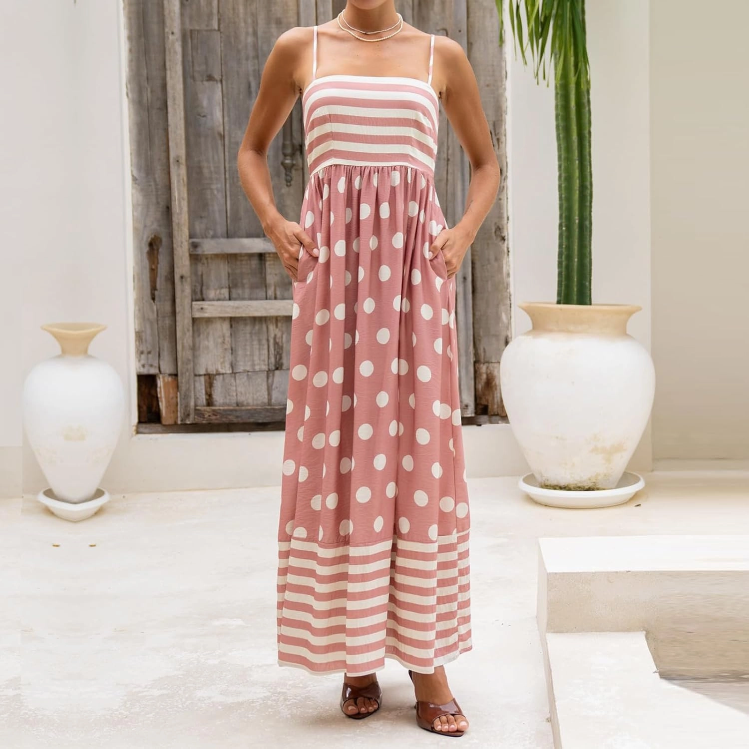 Faretumiya Women Spaghetti Strap Flowy Maxi Dress Sleeveless Stripe Print Smocked Boho Ruffle Vacation Long Beach Sundress