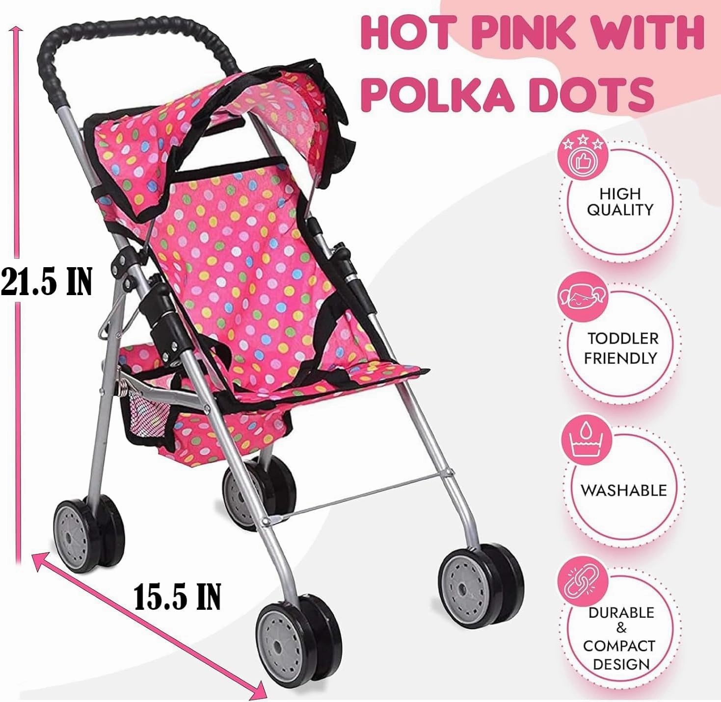 fash n kolor® - Doll Stroller My First Baby Doll Strollers Toy - Flower Design with Basket in The Bottom- Doll Accessories 2 Free Magic Bottles Included (Polka Dot)