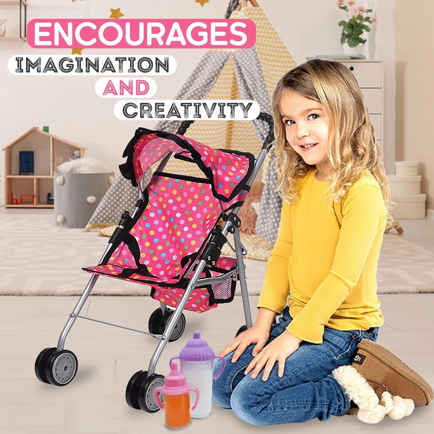 fash n kolor® - Doll Stroller My First Baby Doll Strollers Toy - Flower Design with Basket in The Bottom- Doll Accessories 2 Free Magic Bottles Included (Polka Dot)