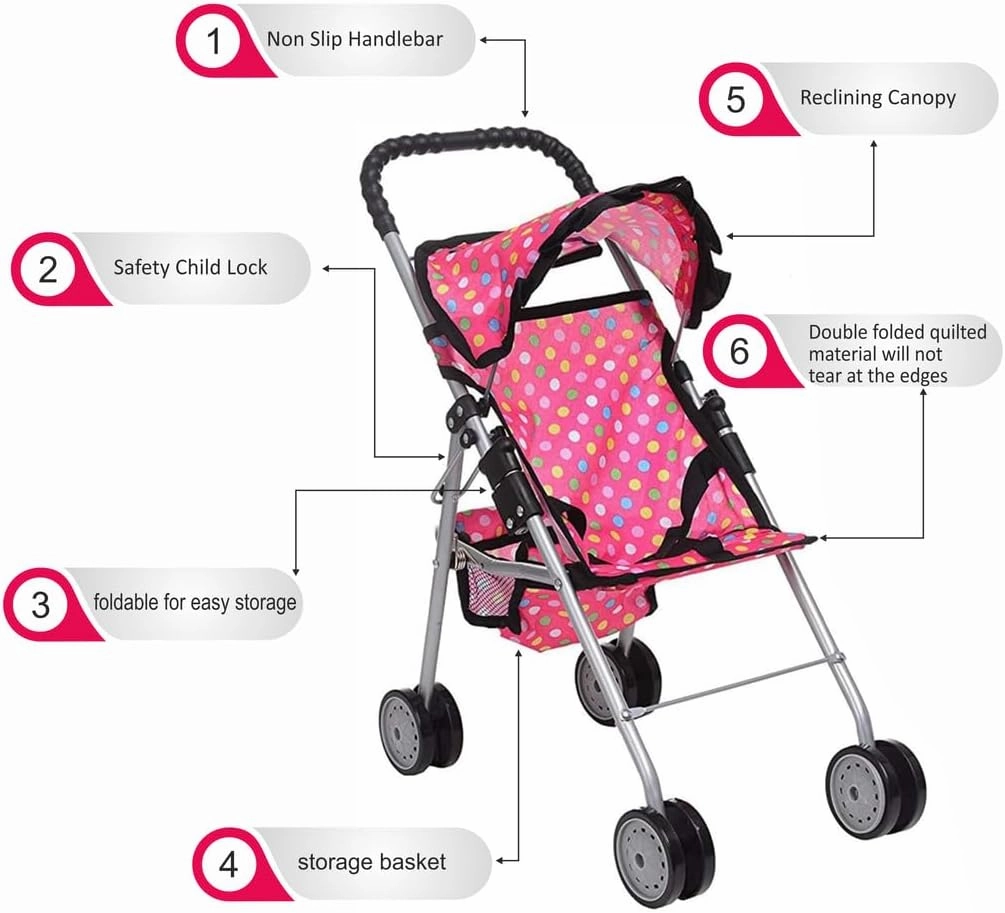 fash n kolor® - Doll Stroller My First Baby Doll Strollers Toy - Flower Design with Basket in The Bottom- Doll Accessories 2 Free Magic Bottles Included (Polka Dot)