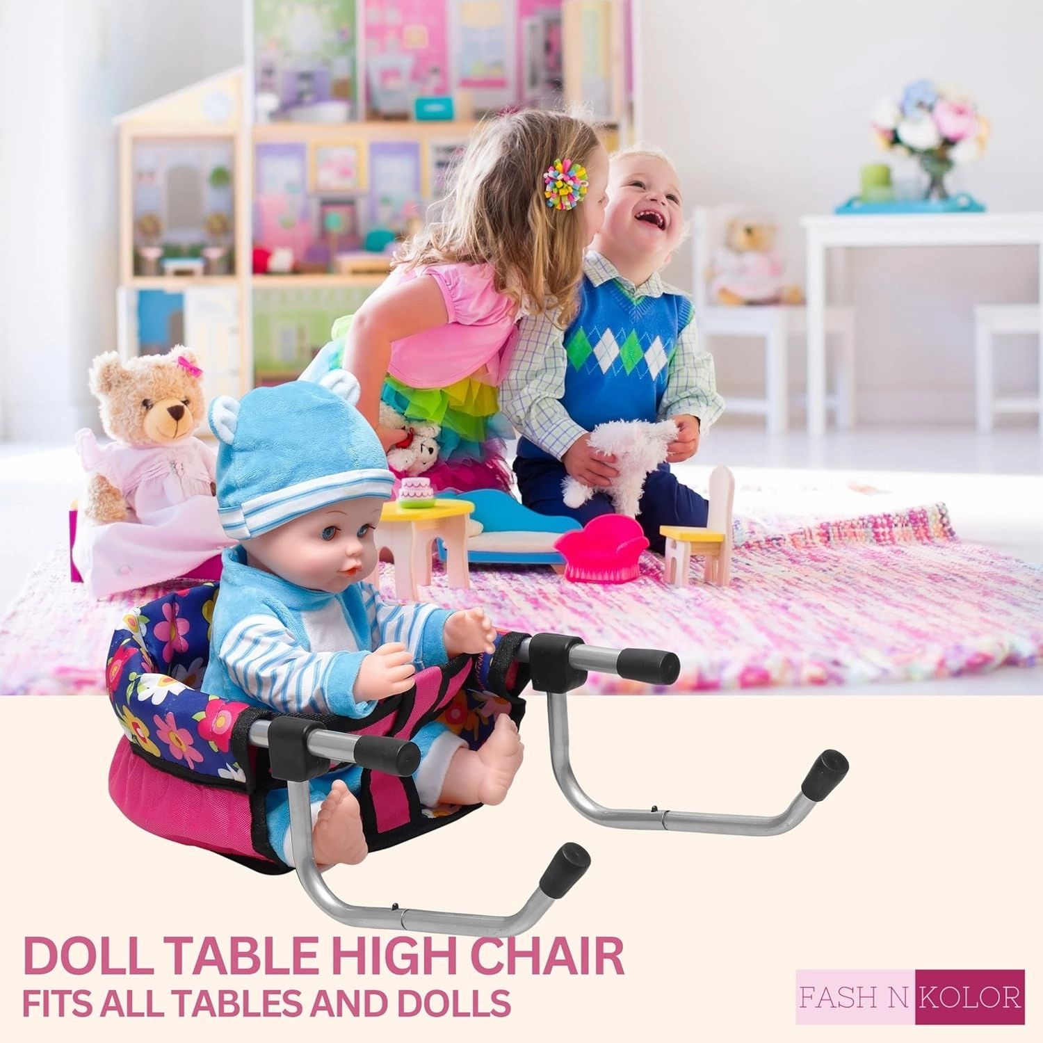 fash n kolor Baby Doll High Chair, Fits up to 20 inch Baby Dolls Flower Print Toddler Furniture Toy High Chair for Dolls (Doll Not Included)