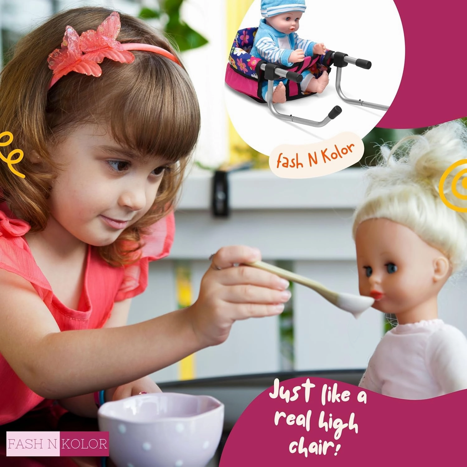fash n kolor Baby Doll High Chair, Fits up to 20 inch Baby Dolls Flower Print Toddler Furniture Toy High Chair for Dolls (Doll Not Included)