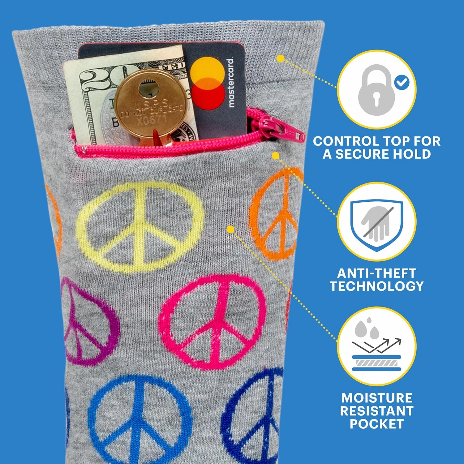 Fashion Print Crew Socks for Women - Anti Theft Novelty Socks w/Hidden Zipper Pocket for Travel Keys & Cash