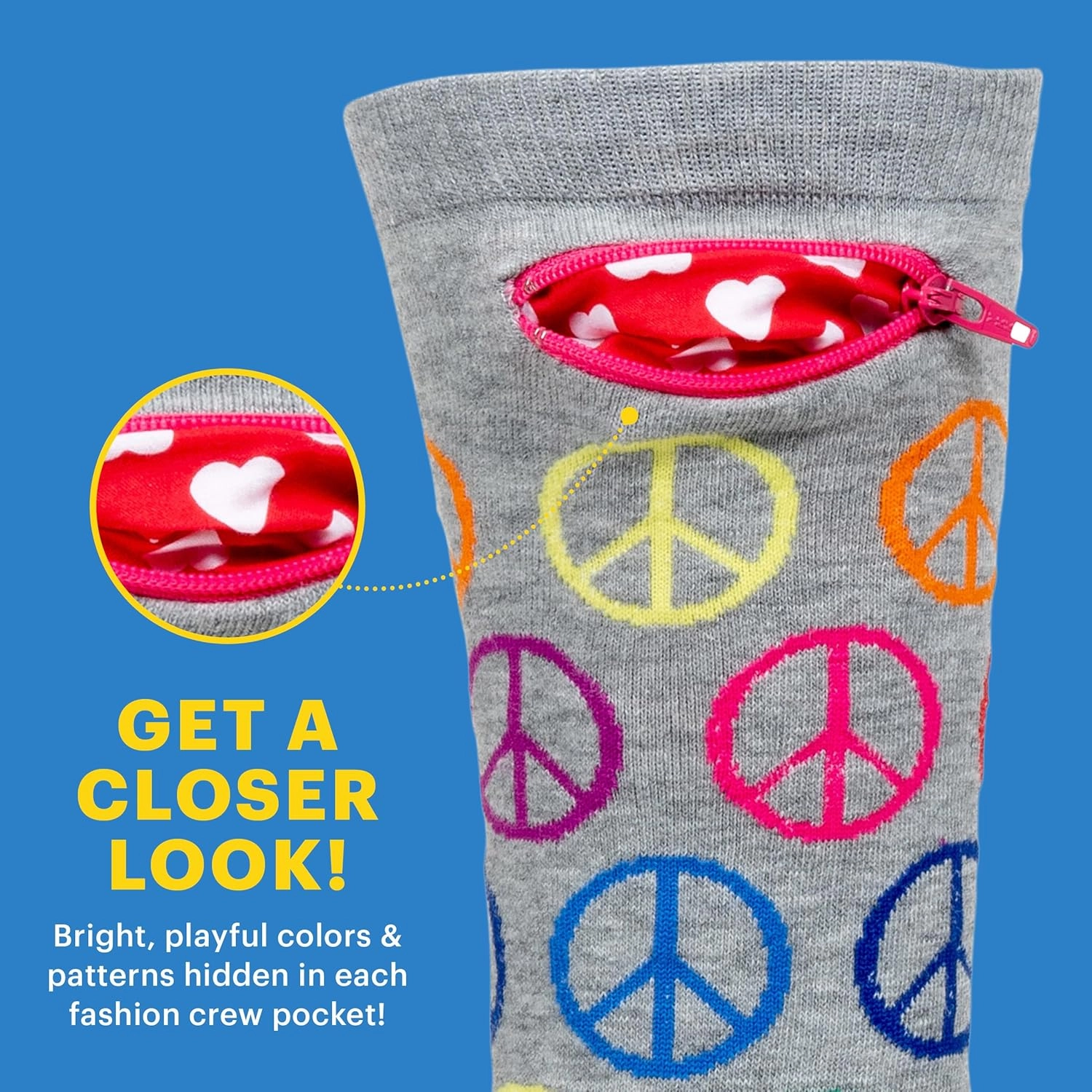 Fashion Print Crew Socks for Women - Anti Theft Novelty Socks w/Hidden Zipper Pocket for Travel Keys & Cash