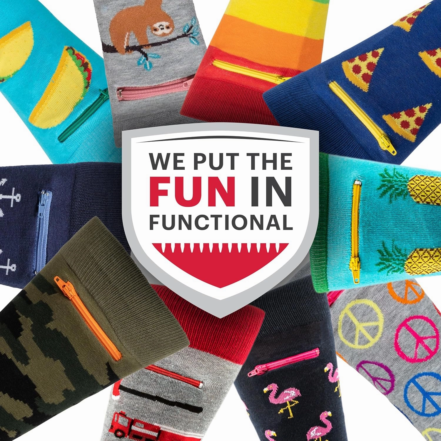 Fashion Print Crew Socks for Women - Anti Theft Novelty Socks w/Hidden Zipper Pocket for Travel Keys & Cash