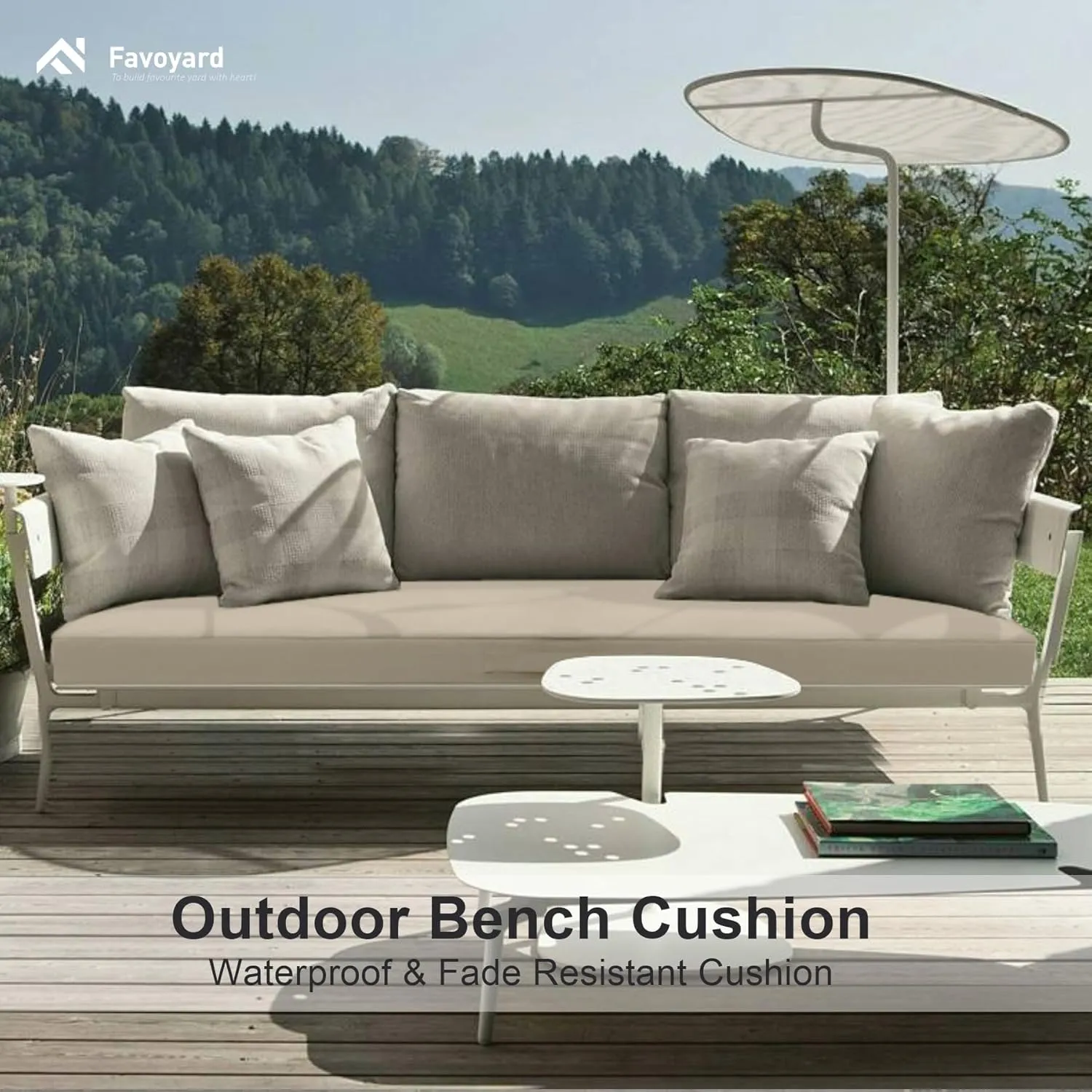 Favoyard Outdoor Bench Cushion 59 × 16 Inch Waterproof & Color Resistant Patio Benches Cushions for Garden Loveseat Swing Couch Furniture with Handle, Removable Cover and Adjustable Straps, Beige