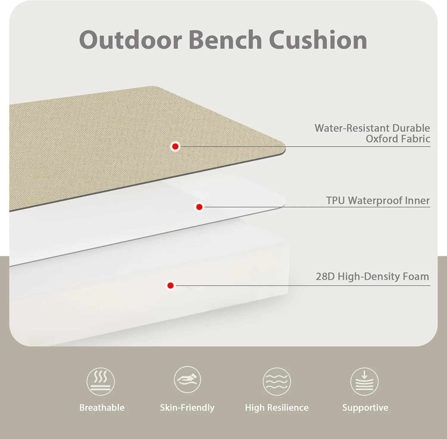 Favoyard Outdoor Bench Cushion 59 × 16 Inch Waterproof & Color Resistant Patio Benches Cushions for Garden Loveseat Swing Couch Furniture with Handle, Removable Cover and Adjustable Straps, Beige