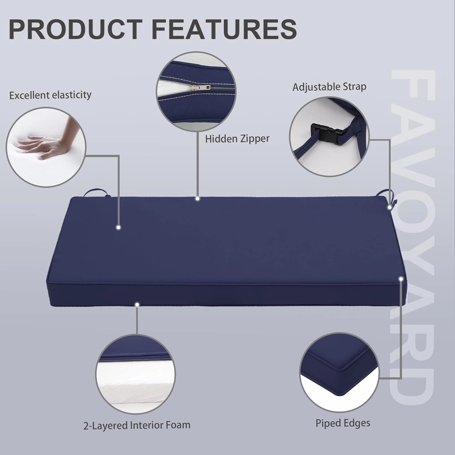 Favoyard Outdoor Bench Cushion 48 x 18 Inch Waterproof Patio Furniture Cushions 3-Year Color Fastness Garden Sofa Settee Couch Swing Pads with Handle and Adjustable Straps, Blue