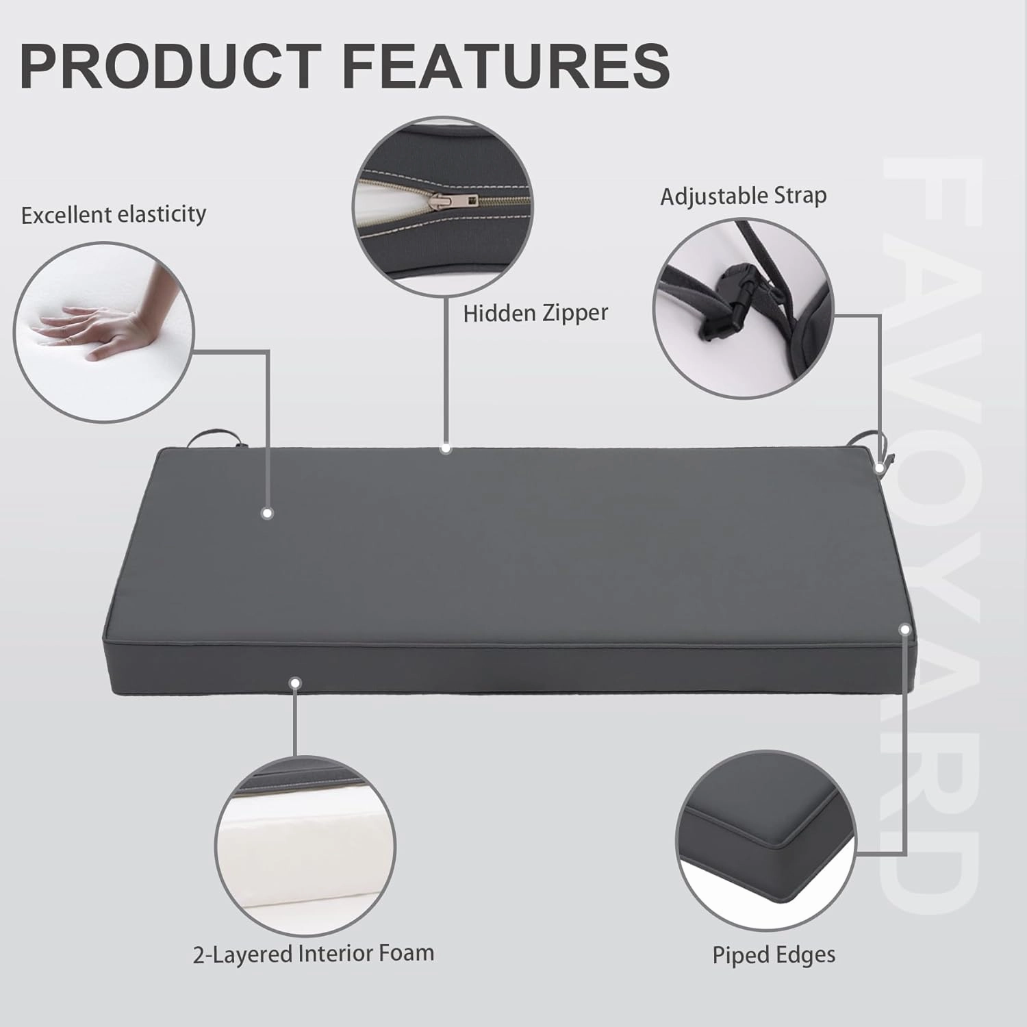 Favoyard Outdoor Bench Cushion 48 x 18 Inch Waterproof Patio Furniture Cushions 3-Year Color Fastness Garden Sofa Settee Couch Swing Pads with Handle and Adjustable Straps, Dark Gray