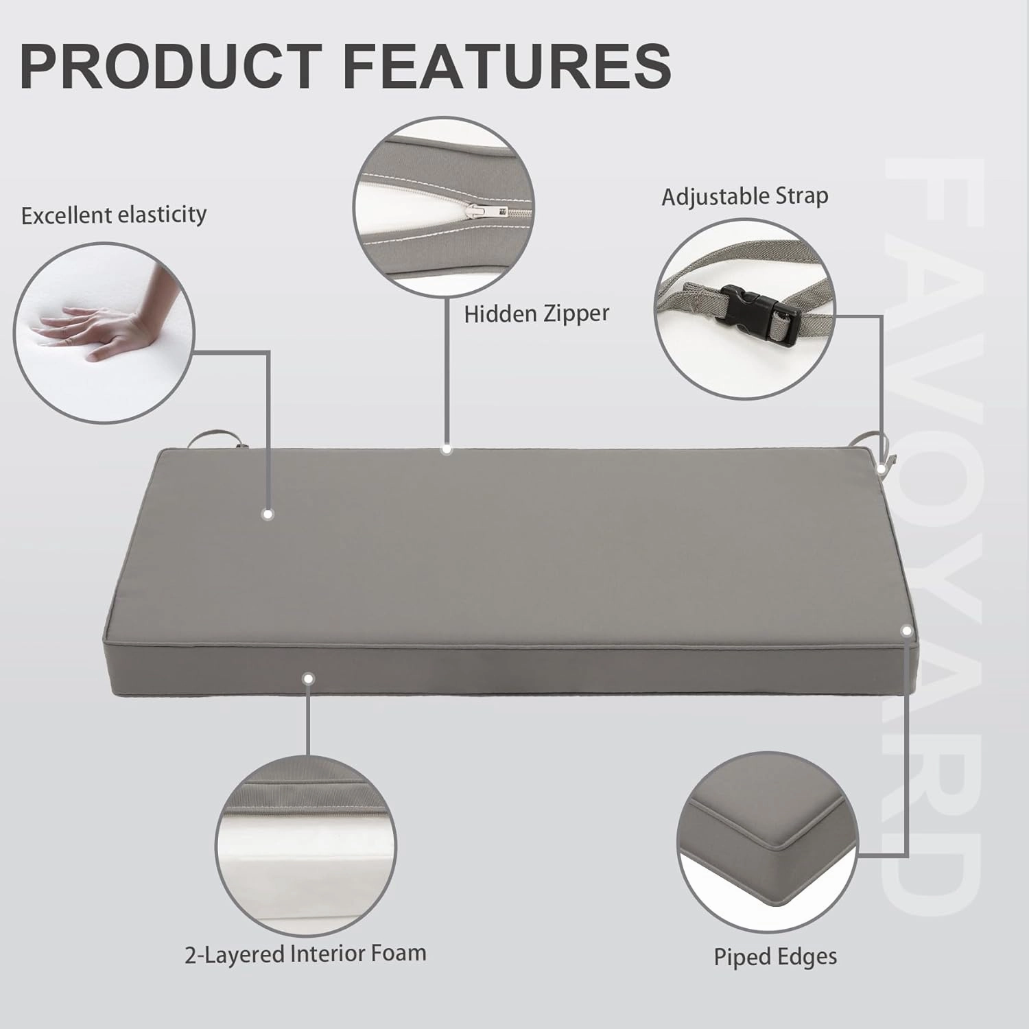 Favoyard Outdoor Bench Cushion 48 x 18 Inch Waterproof Patio Furniture Cushions 3-Year Color Fastness Garden Sofa Settee Couch Swing Pads with Handle and Adjustable Straps, Light Gray